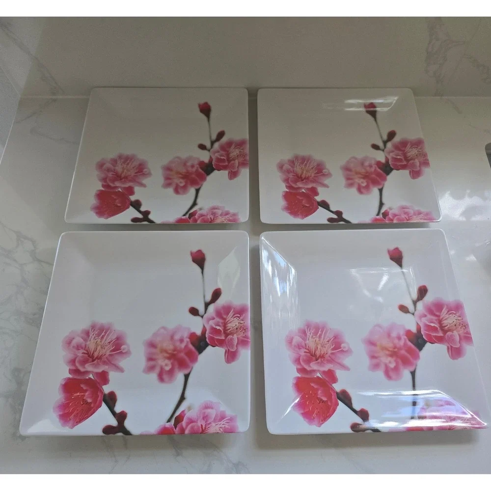 13pc Melamine Dinnerware Set Pink Cherry Blossom Square Plates Serving Bowls